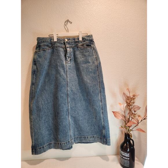 women’s Denim Midi Skirt Size XL, High-Waisted Blue Jeans Skirt, slit‎ bohemian - Picture 1 of 8